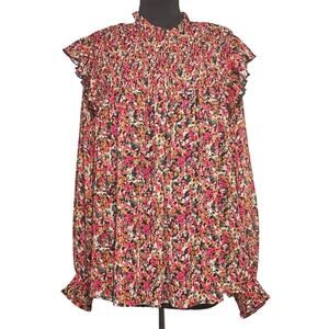 Ophelia Roe Floral Blouse 2X Smocked Bodice Balloon‎ Sleeves Romantic